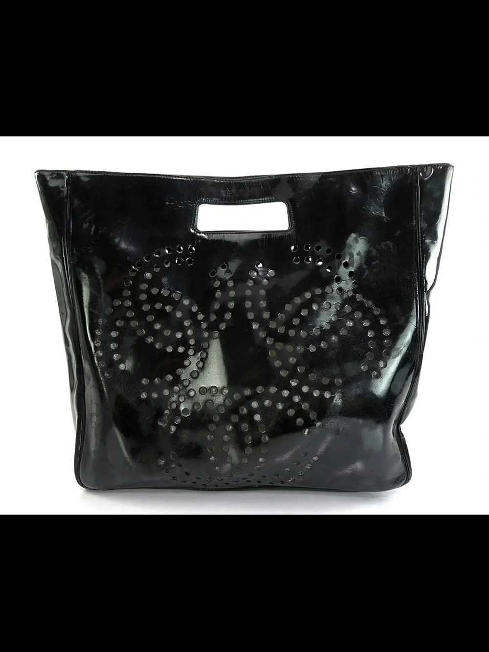 CHANEL Black Patent Stud-Embellished Tote with Matching Pouch